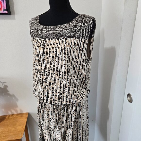 Ellen Tracy Black and Tan Sleeveless Tie Waist Geometrical Midi Dress Large - Picture 5 of 14